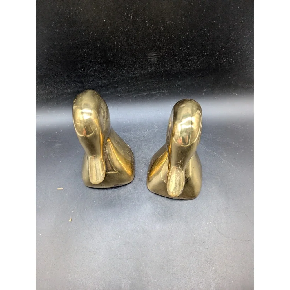 Vintage Solid Brass Duck Head Bookends Set Polished Gold Tone Mid Century Decor